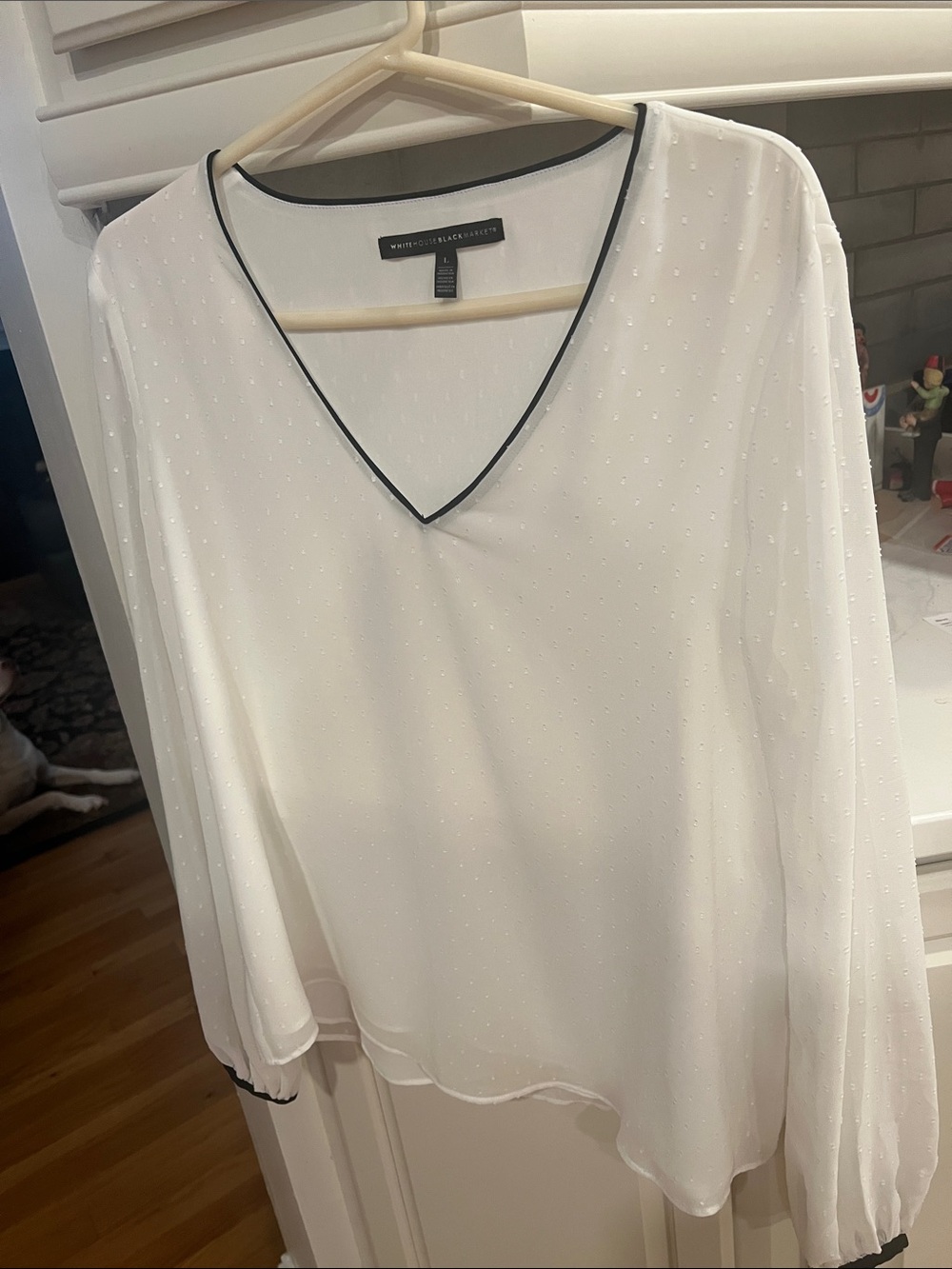 White House Black Market White V-Neck Blouse with Black Trim